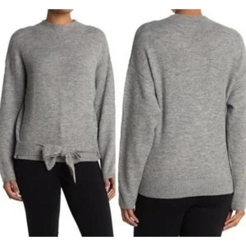 WAYF Tie Waist Mock Neck Pullover Knit Sweater Size Medium Light Grey NWT