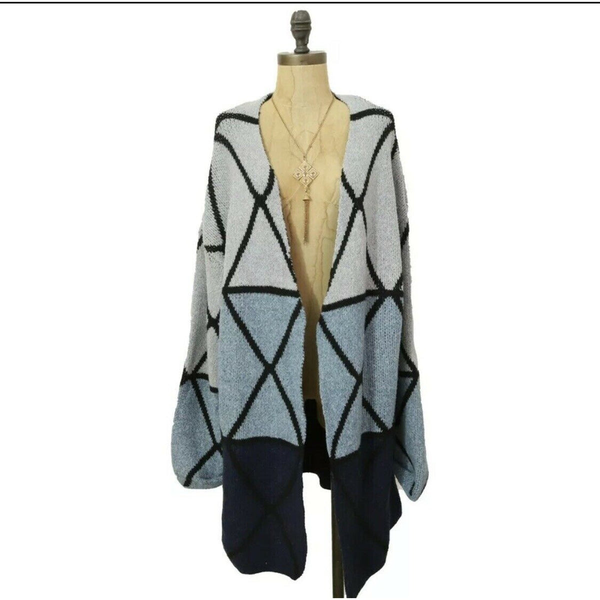 JOSEPH A Ombre Grid Cardigan XS Open Front Geometric Colorblock Blue Combo NWT