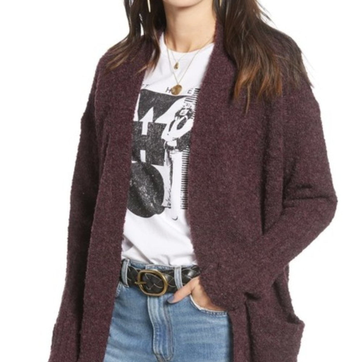 Treasure & Bond Open Front LONG Cardigan Sweater Long Sleeve Front Pockets Large