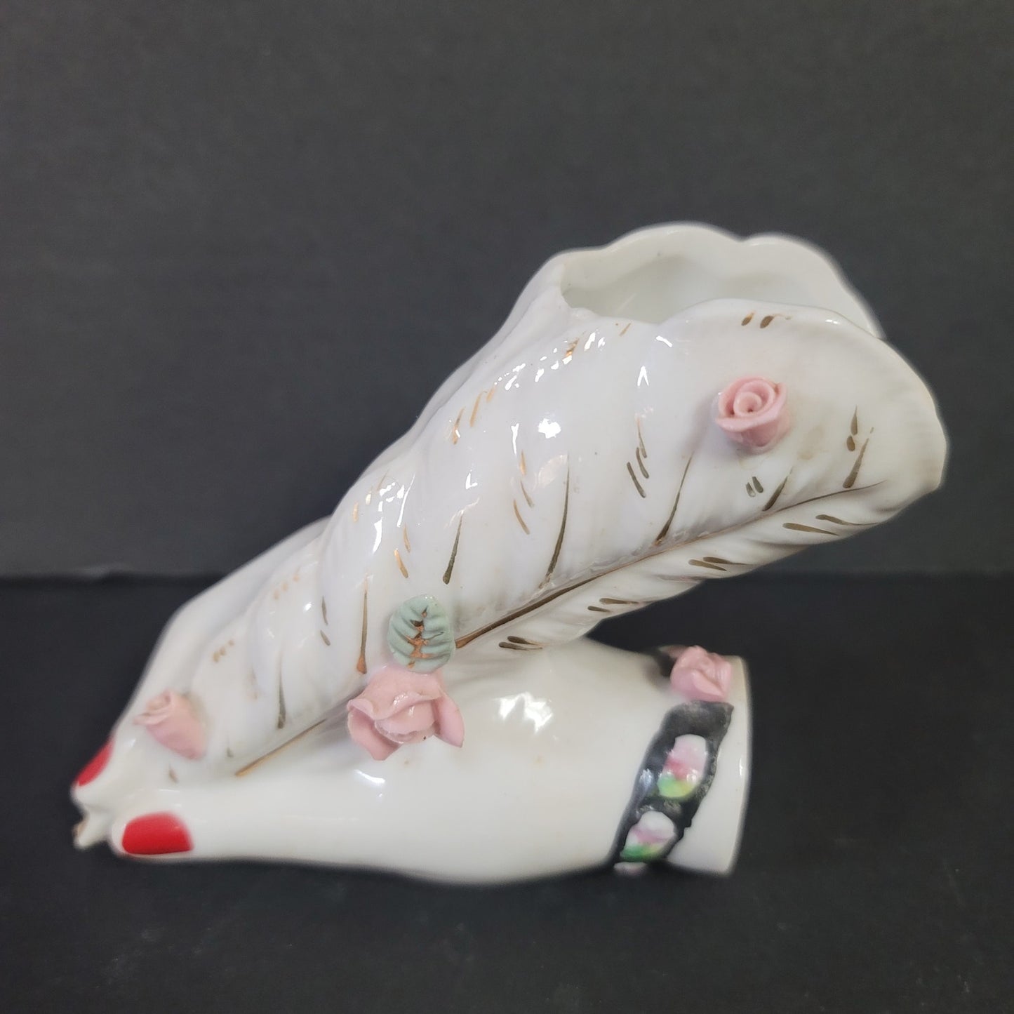 Porcelain hand bud vase vanity Vintage 1950’s Feather Pen Holder White Florals
