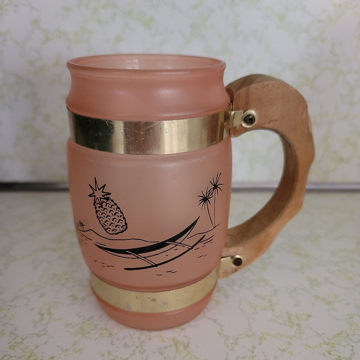 Vtg Siesta Ware Mugs Frosted Glass Hawaiian Tiki Mug w/ Wood Handle, 1960s Beach