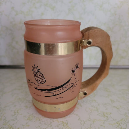 Vtg Siesta Ware Mugs Frosted Glass Hawaiian Tiki Mug w/ Wood Handle, 1960s Beach