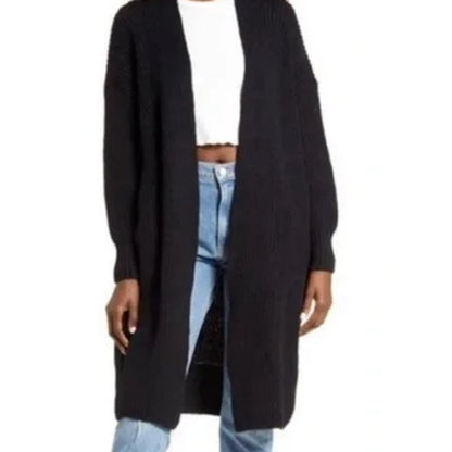 TOPSHOP Black Rib Trim Open Front Cardigan US 14 Oversized knee length UK-XL
