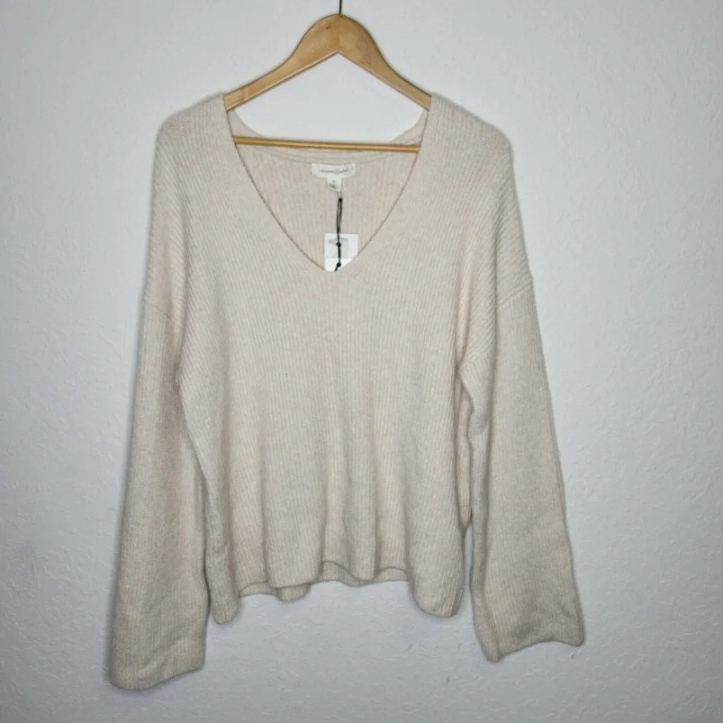 Treasure & Bond Rib Pullover Sweater Large Beige Oatmeal NWT Long Flare Sleeve