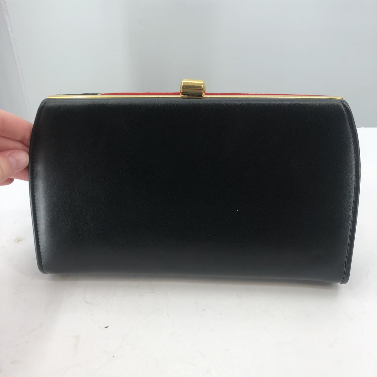 Vintage Gold Snap Closure Velvet Maroon Black Clutch Purse Golden Chain 1980s