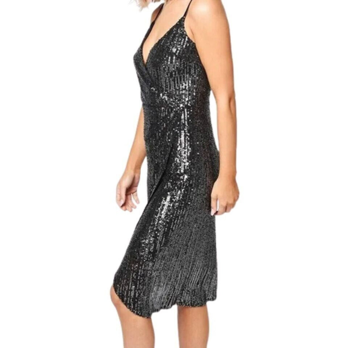 Cupcakes And Cashmere LBD Joelle Wrap Sequin Midi Party Dress Small Black NWT