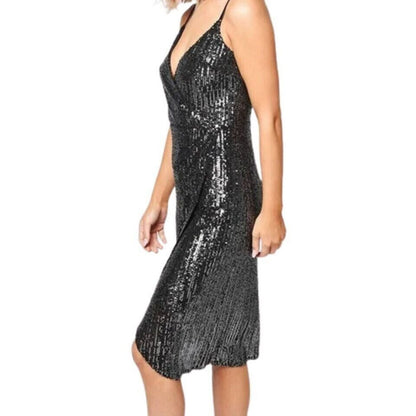 Cupcakes And Cashmere LBD Joelle Wrap Sequin Midi Party Dress Small Black NWT