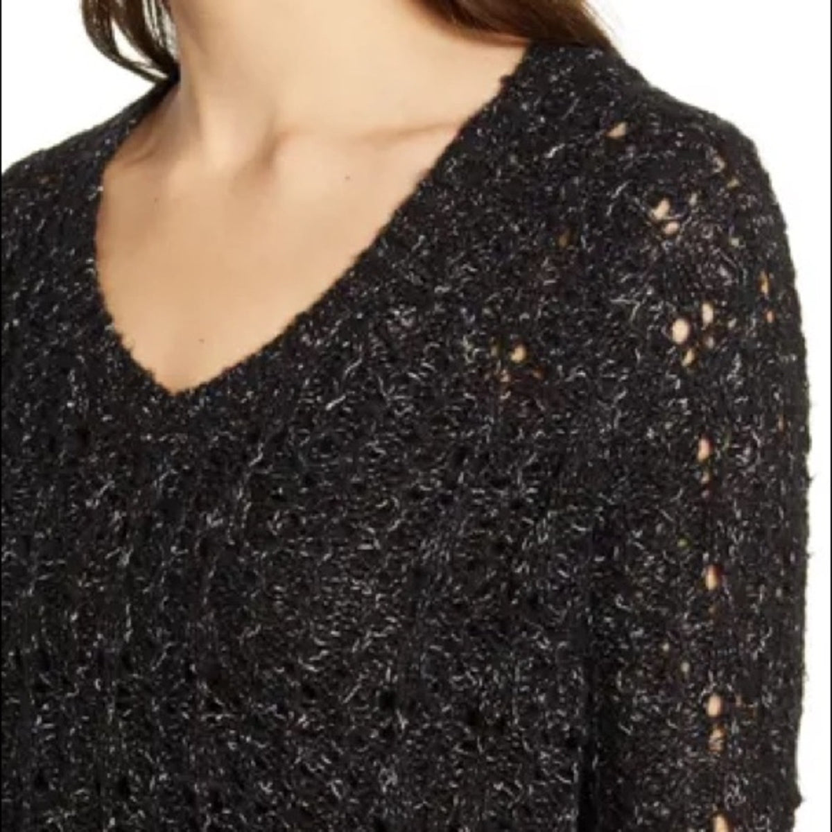 Caslon NEW Black Brushed V-Neck Sweater Small Long Sleeve Knit  Winter Casual