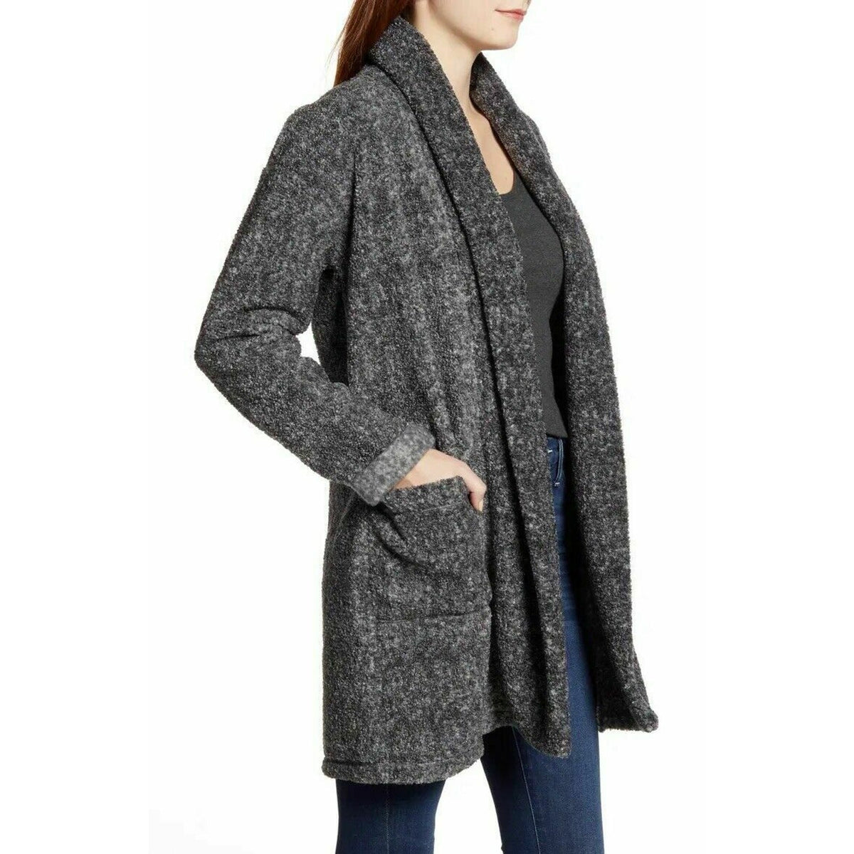 Caslon Open Front Shawl Collar Faux Fur Jacket Long Sleeves Grey Size Medium