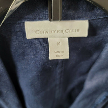 Charter Club Draped Vest Frayed-Trim Sleeveless Linen Blue Medium Pockets