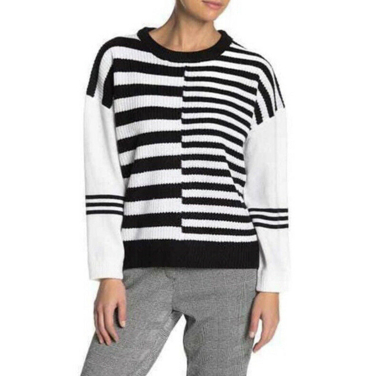Catherine Malandrino NWT Women’s Black White Stripe Crewneck Sweater Sz XSmall