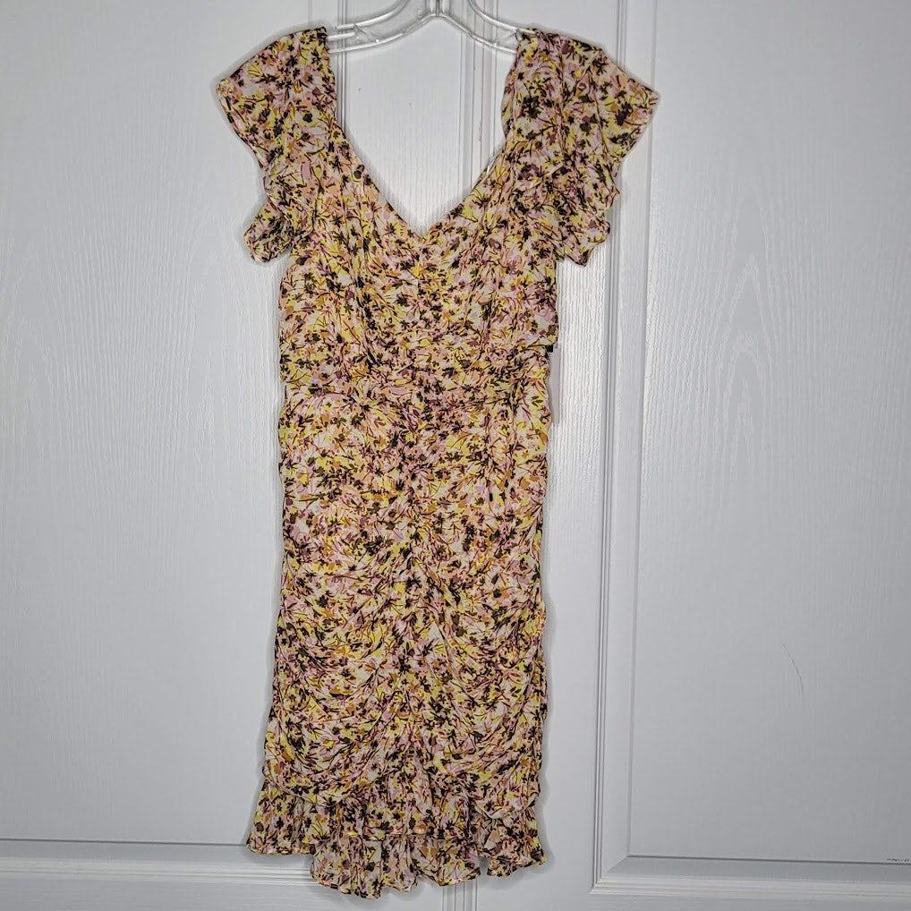 ASTR blush yellow Large Summer Dress floral Lined Flutter Short Sleeves Rouched