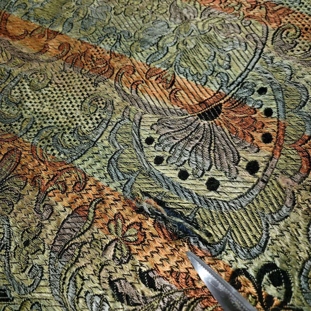 Metallic copper black throw fringe BOHO damaged coverlet crafting artwork teddie