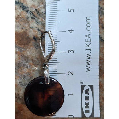 Vintage Amber Glass Translucent Disc Dangle Drop Earrings Silver Tone Metal