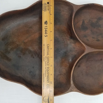 Large Vintage Monkey Pod Wood Leaf Shaped 3-Compartment Serving Tray Hawaiiana