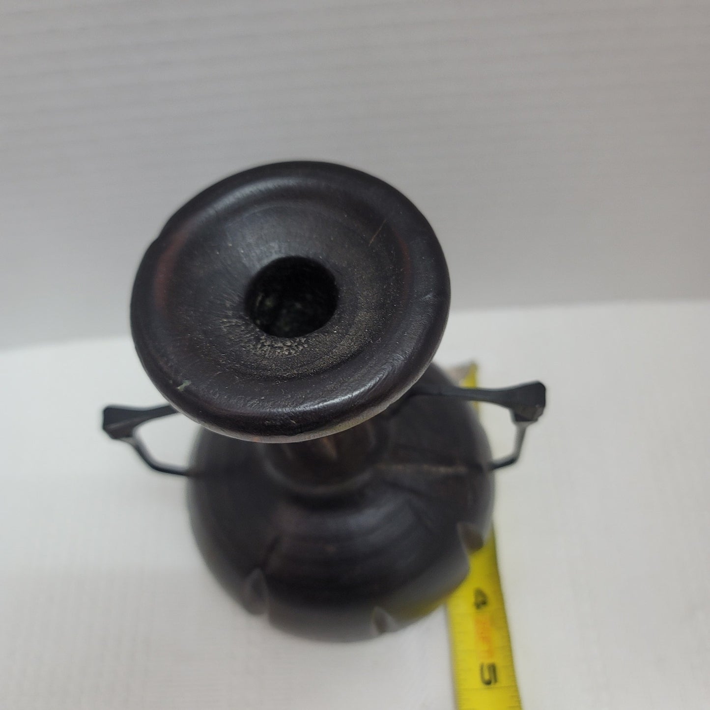 Vintage Brutalist Handmade Artisan Wood hand turned Vase Cut Nail Handles