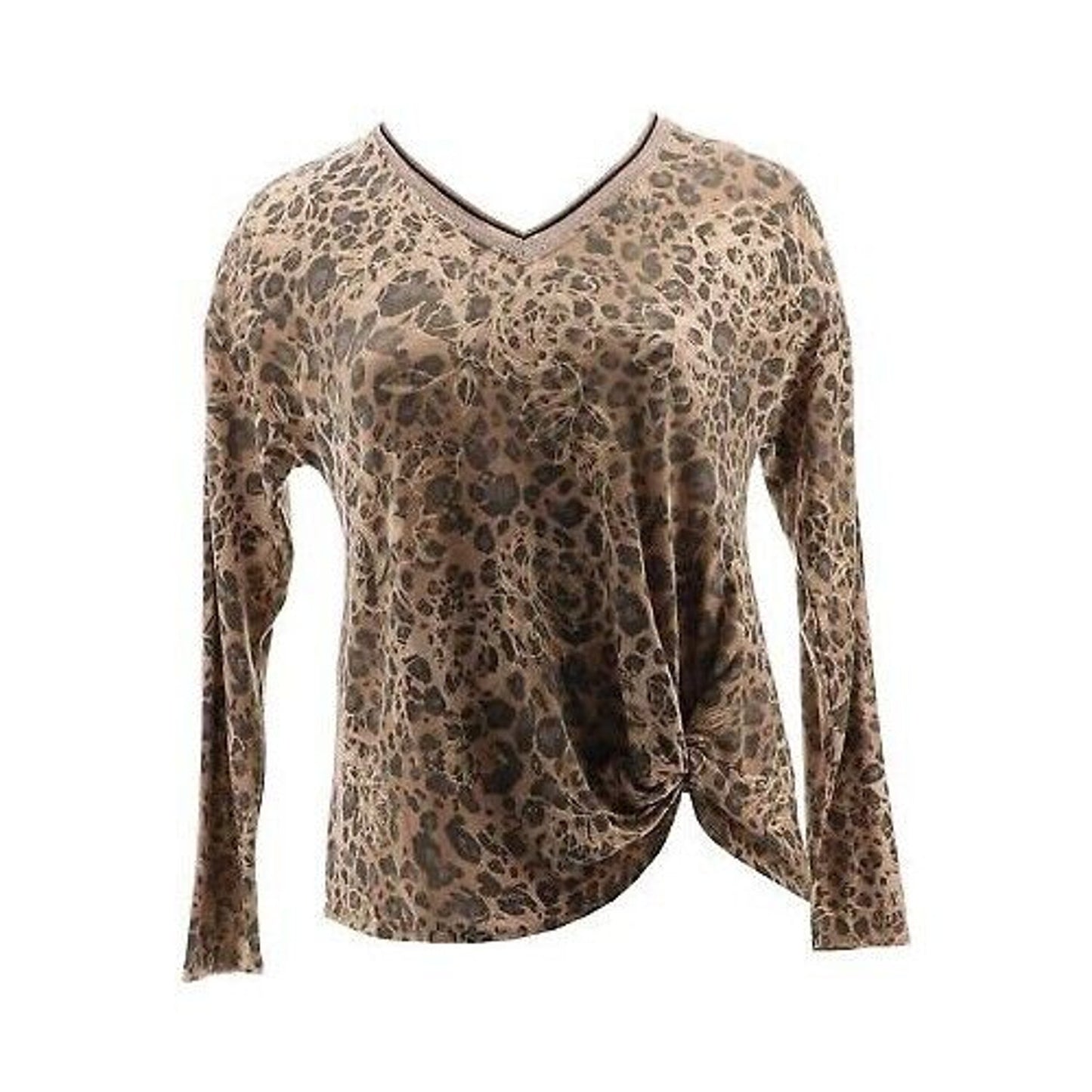 Democracy Sweater Top Twist Hem Animal Print Medium Taupe NWT Long Sleeve V-Neck