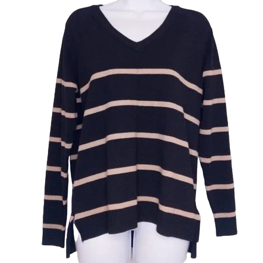 Bobeau V-Neck Front Seam Striped Pullover Knit Top Sz Large in Black Oatmeal NWT