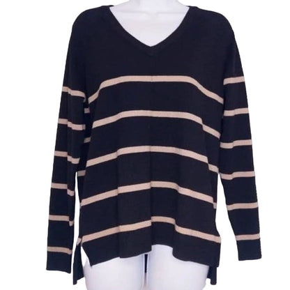Bobeau V-Neck Front Seam Striped Pullover Knit Top Sz Large in Black Oatmeal NWT