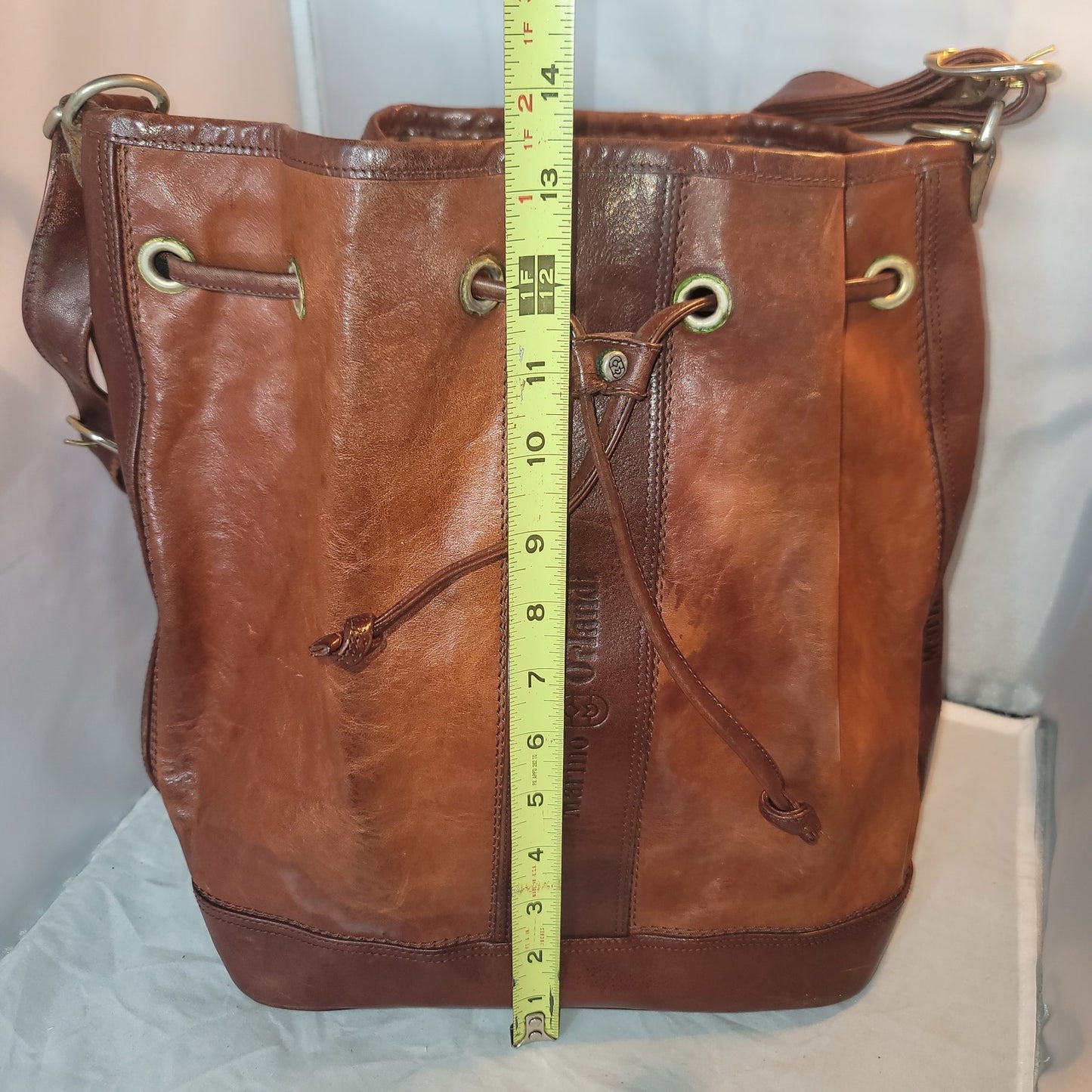 Marino Orlandi Leather Italian Bucket Bag NewBuck Cognac Drawstring Purse tartan
