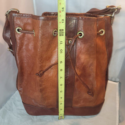 Marino Orlandi Leather Italian Bucket Bag NewBuck Cognac Drawstring Purse tartan