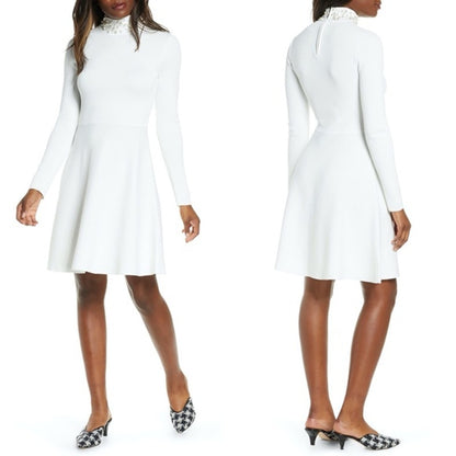 Eliza J. Pearl Trim Mock Neck Dress Ivory fit flare XXL long sleeve cocktail NEW