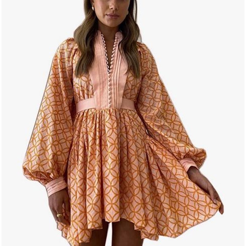 Bohemian Orange Cowgirl Long Lantern Sleeve Swing Mini Dress XL Festival Pockets