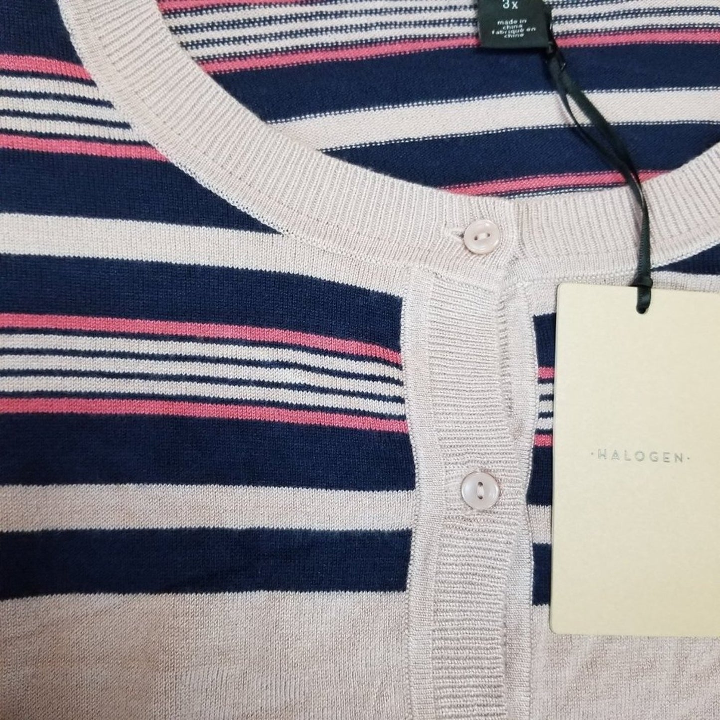 NEW Halogen Front Button Cardigan Sweater Crew Neck Long Sleeve Multi Striped 3X