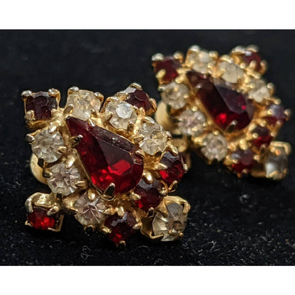Vintage Clip On Earrings Red Tear Drop White Rhinestone Cluster Gold Tone Metal