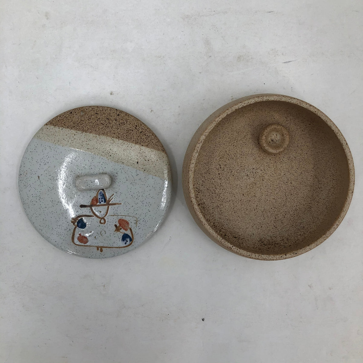 Vintage MCM art pottery Vanity powder trinket Bowl Lid Southwestern Desert Style