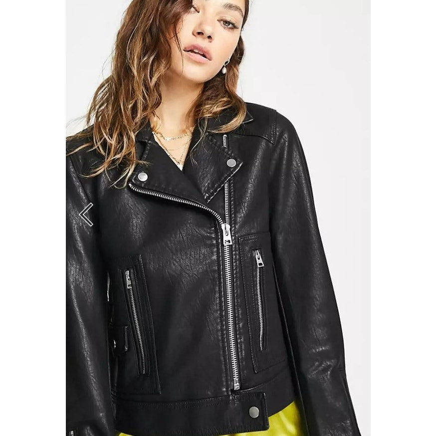 Topshop Crop Faux Leather Biker Jacket US Size 6 Black NWT Moto Silver Zippers