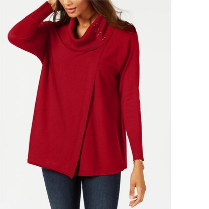 JM Collection Long Sleeve Faux Wrap Cowl Neck Sweater Lace-Up Cherry Pie M