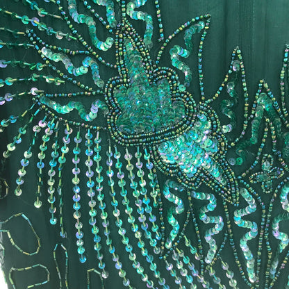 Vintage Denise Elle Sequin Beaded Scalloped Hem Sheath Dress Emerald Green Large