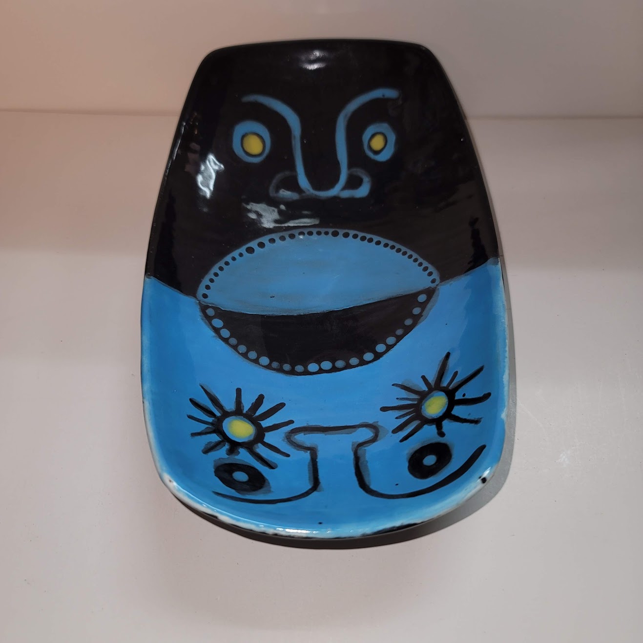 D. Jayne Herman Face Handmade Hand Painted bowl blue green MCM pottery