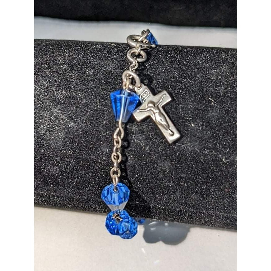 Sapphire Blue Crystal Sterling Silver Crucifix Small 7' Rosary Bracelet
