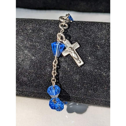 Sapphire Blue Crystal Sterling Silver Crucifix Small 7' Rosary Bracelet