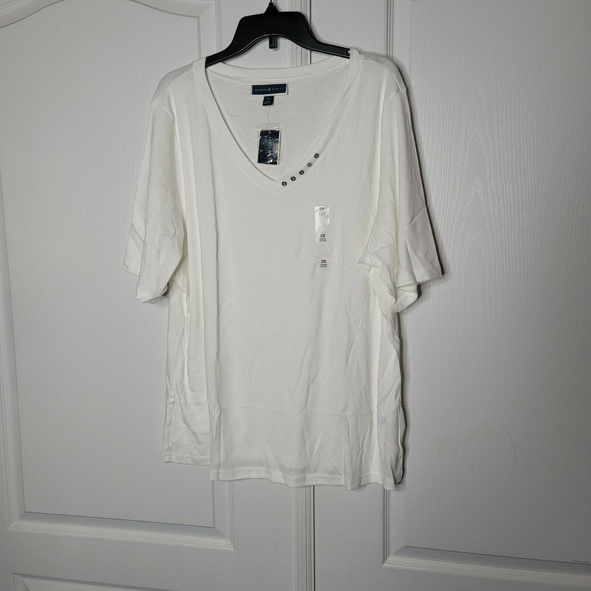Karen Scott Cotton V-Neck Top Pullover Button Embellish Bright White Size 2X