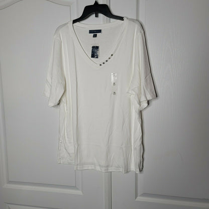 Karen Scott Cotton V-Neck Top Pullover Button Embellish Bright White Size 2X