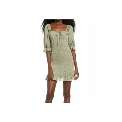 Row A Square Neck Mini Dress Size Medium Sage Green NEW Smocked Ruffled Sheath