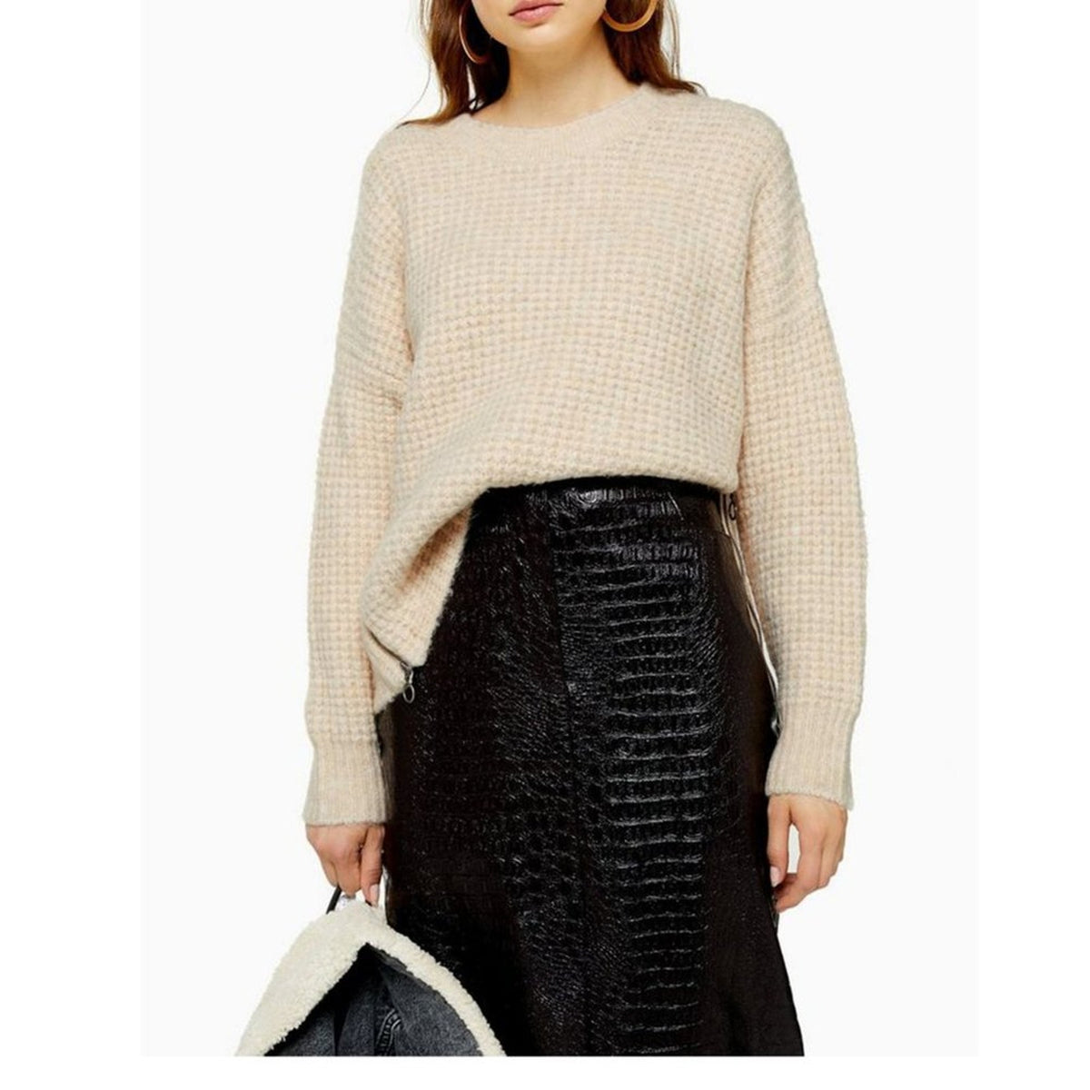 TOPSHOP small Waffle Knit Sweater Crew Neck Long Sleeve Oatmeal NEW long sleeve