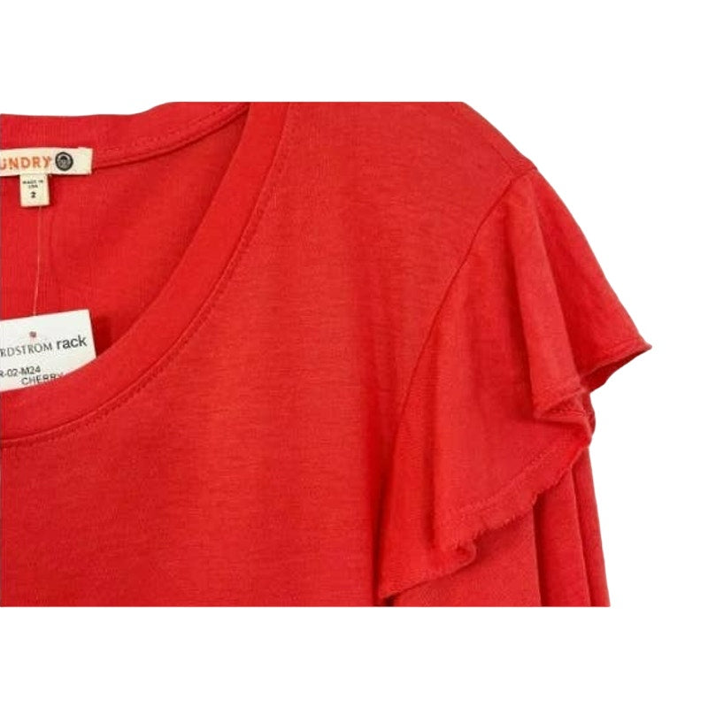 Sundry Womens Ruffle Shoulder Top Size 2/Medium Cherry Red NEW Long Sleeve Scoop