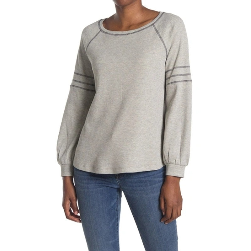 Emelia Waffle Knit Thermal Raglan Bishop Sleeve Top Sz Large in Heather Gray NWT