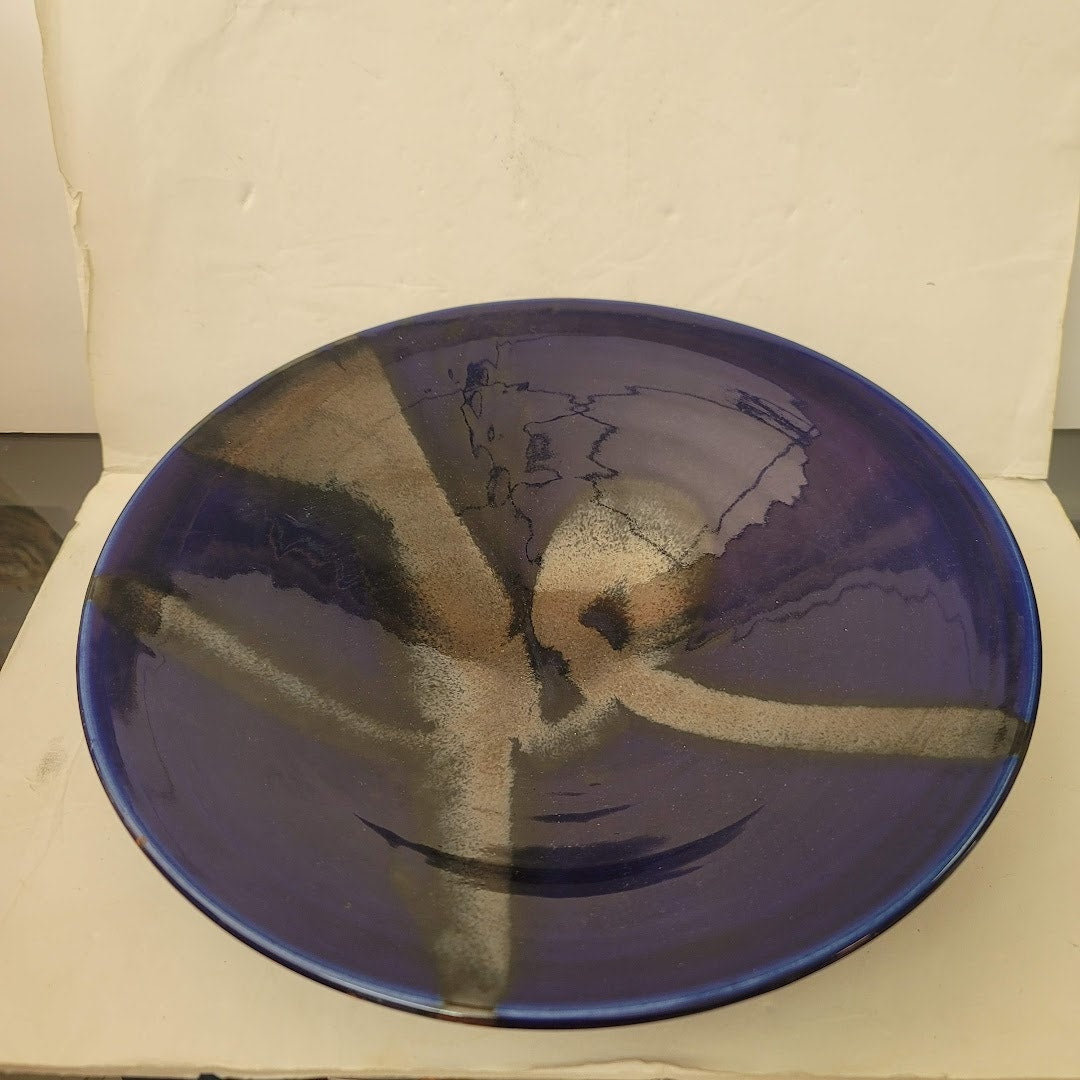 Matthew Patton Blue Raku Silver Bowl Wall hanging Art Pottery abstract swirls