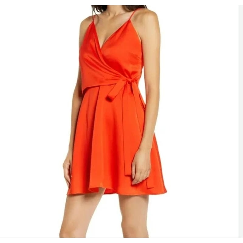 WAYF Faux Wrap Spaghetti Strap Tie-Waist Mini Dress Sz Small in Hot Red NWT