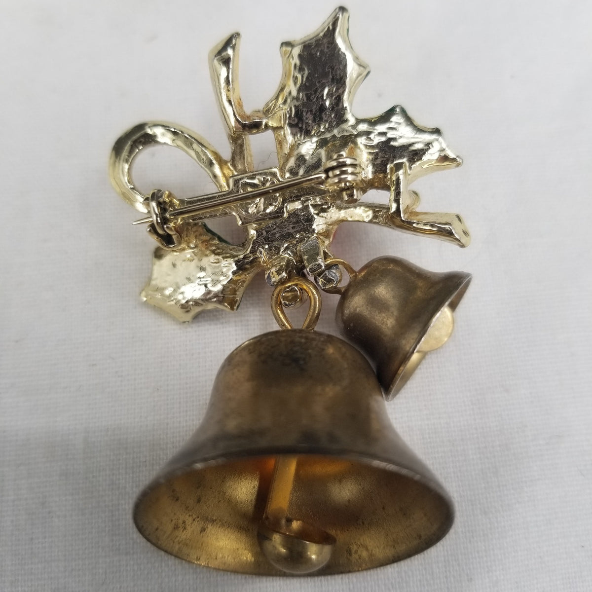 Vintage Christmas Bells Holly Brooch Enamel Metal Pin Working Jingle