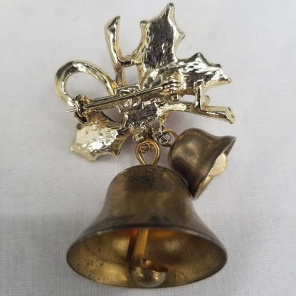 Vintage Christmas Bells Holly Brooch Enamel Metal Pin Working Jingle