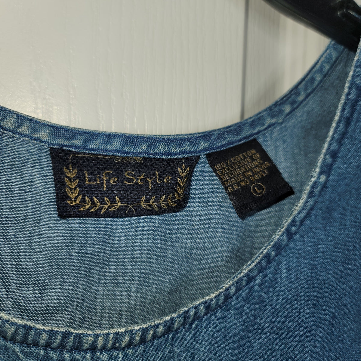 2 piece vintage denim maxi Sleeveless dress jacket embroidery skaters Large 80's