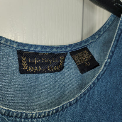 2 piece vintage denim maxi Sleeveless dress jacket embroidery skaters Large 80's
