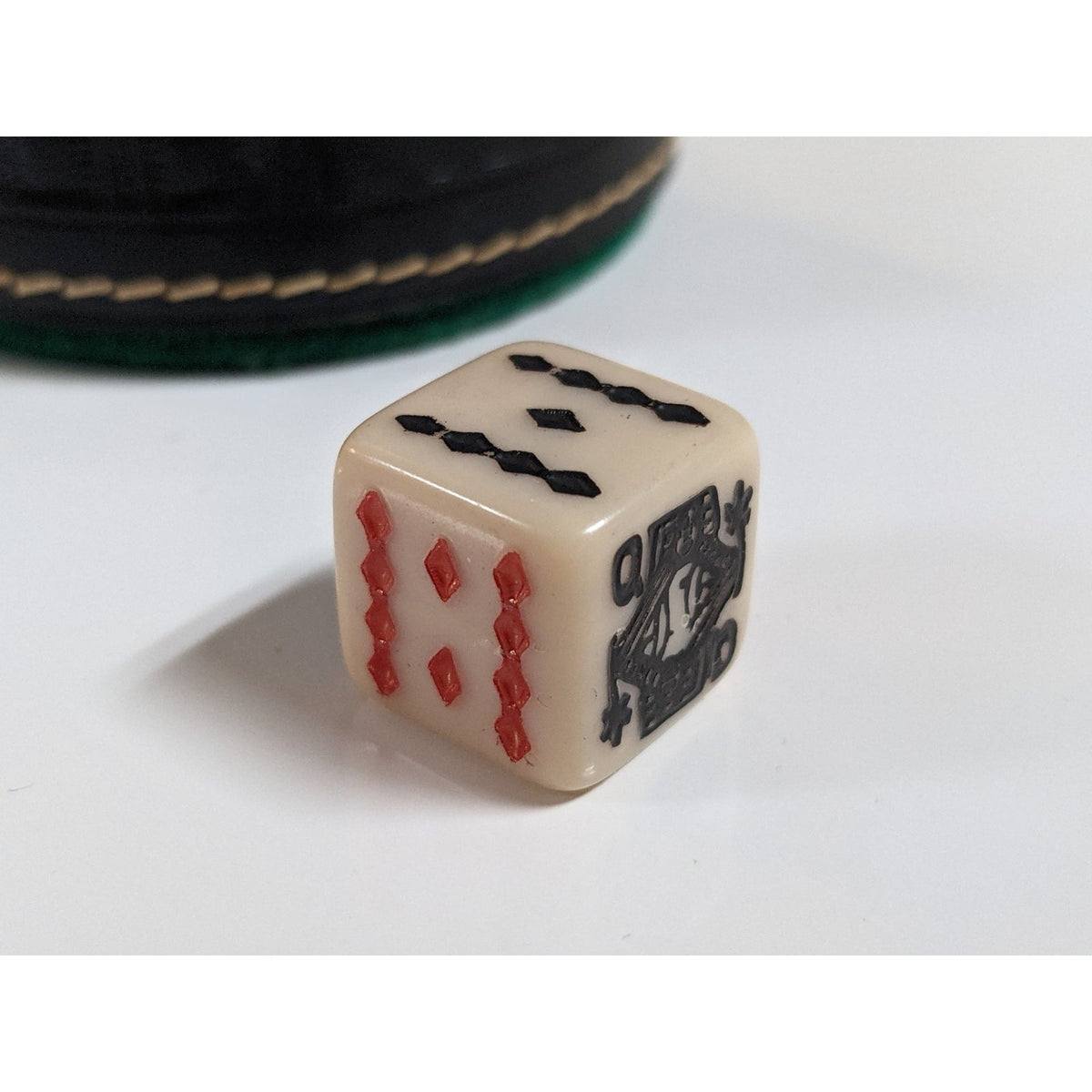 Vintage travel Game Dice Cup Leather Carved Brown Green Lining w Casino Die