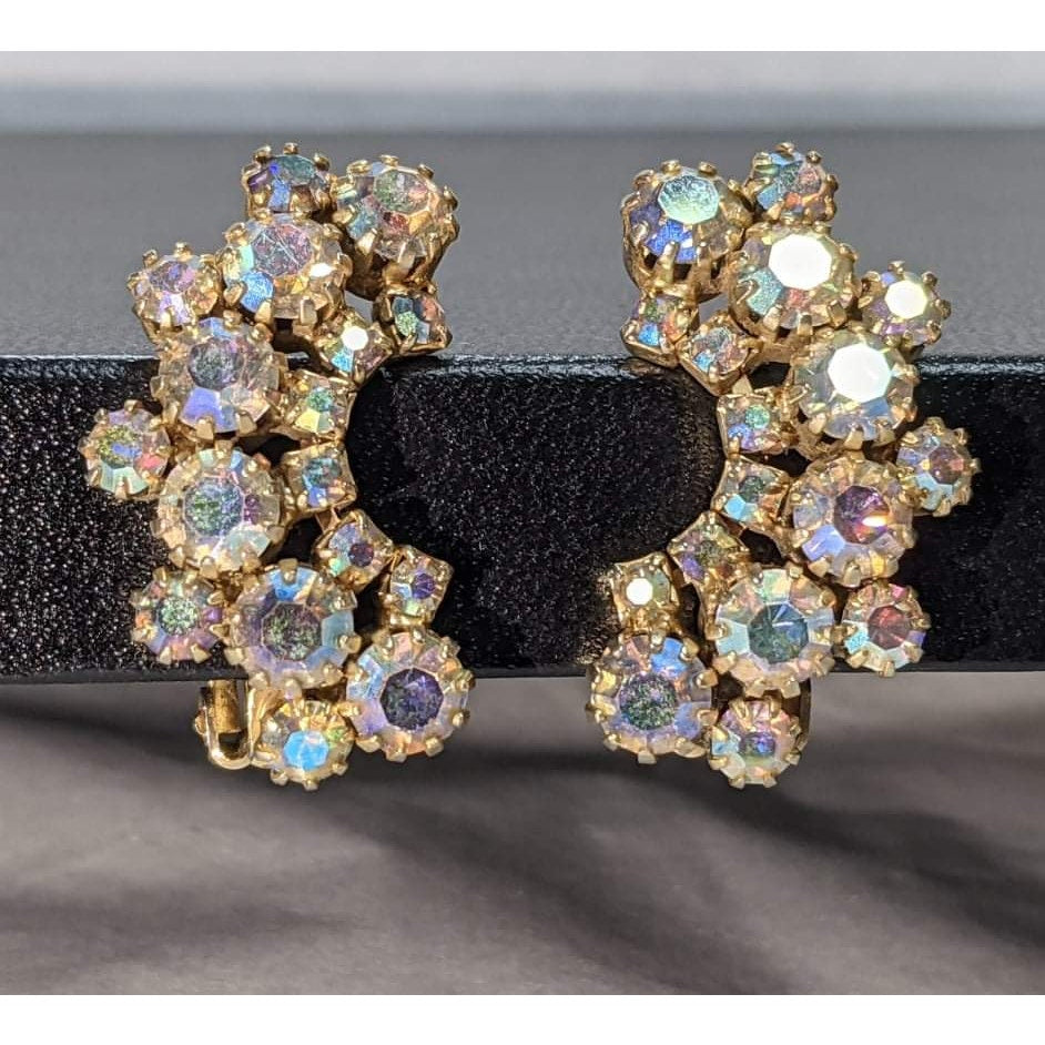 Vintage White Iridescent Stone Cluster Cuff Vintage Rhinestone Clip On Earrings